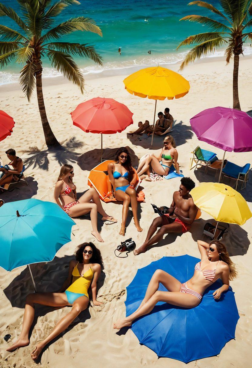 A vibrant summer scene capturing a diverse group of friends lounging on a beach, each in stylish swimwear, surrounded by colorful beach umbrellas and sandy shores. Interspersed among them are film cameras and scripts, blending the notion of beachwear with filmmaking inspiration. The sea glistens under the sun, and palm trees sway gently in the background, evoking a sense of creativity and summer fun. bright colors, super-realistic, dynamic composition.