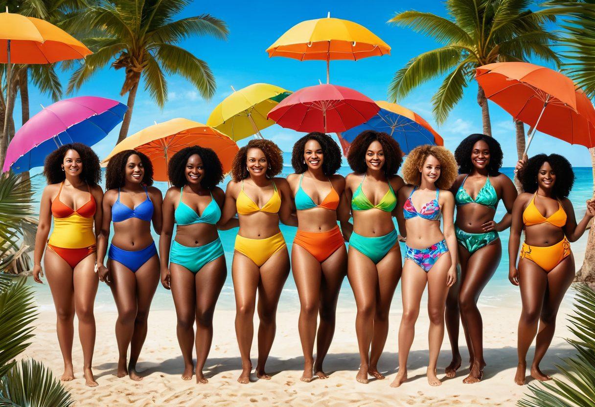 A lively beach scene featuring diverse individuals of various body types joyfully trying on colorful bathing suits, surrounded by vibrant beach umbrellas and tropical palm trees. Emphasize a bright, sunny atmosphere with playful ocean waves in the background, showcasing confidence and summer vibes. Capture the essence of inclusivity in fashion. super-realistic. vibrant colors. bright background.